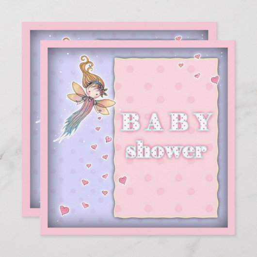 かわいい小さな妖精とハート女の子ベビーシャワー招待状 招待状 (正面/裏面)