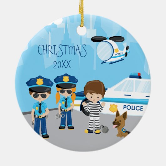 かわいい小さな子供の漫画の警官の名前クリスマス セラミックオーナメント (裏面)