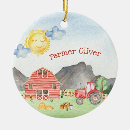 かわいい小さな子供の農家ファーストネームのクリスマス セラミックオーナメント (正面)