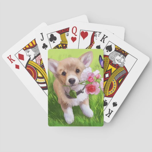 かわいい小さな子犬の口に花を持つ トランプ (裏面)