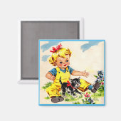 かわいい小さな子猫がいる愛らしい小さな女の子 マグネット (正面/裏面)