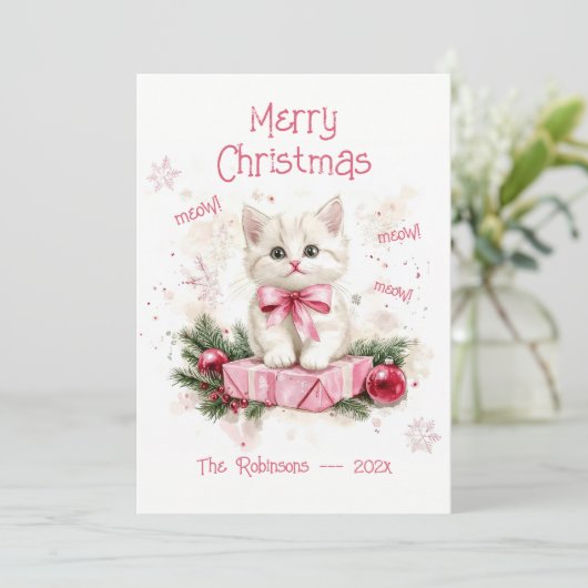 かわいい小さな子猫ピンクのクリスマスカード シーズンカード (スタンド正面)