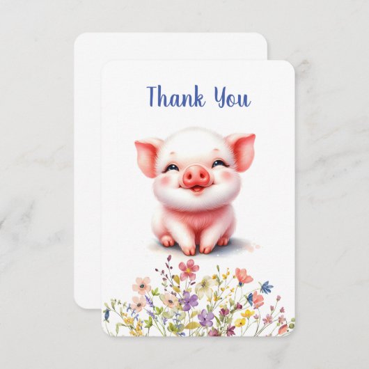 かわいい小さな子豚の花フラットサンキューカード サンキューカード (正面/裏面)