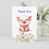 かわいい小さな子豚の花フラットサンキューカード サンキューカード (スタンド正面)