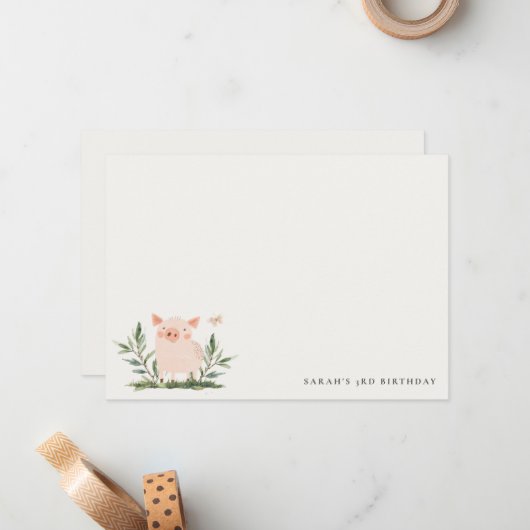 かわいい小さな子豚の葉バタフライ子供の誕生日 ノートカード (正面/裏面インサイチュ)