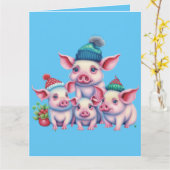 かわいい小さな子豚クリスマスグリーティング カード (黄色い花)