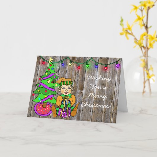 かわいい小さな小妖精や小人とクリスマスライトパーソナライズされた カード (黄色い花)