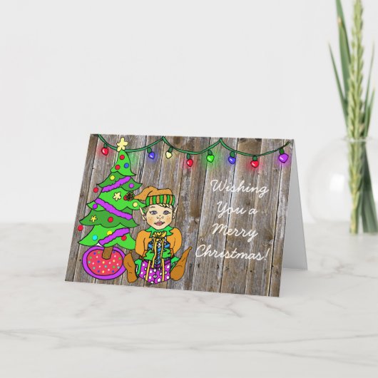 かわいい小さな小妖精や小人とクリスマスライトパーソナライズされた カード (正面)