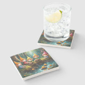 かわいい小さな小妖精や小人は川の中 ストーンコースター (横)