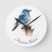 かわいい小さな山ブルーバードウォーター色カスタム、 ラウンド壁時計 (正面)