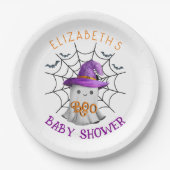かわいい小さな幽霊とクモの巣BOOベビーシャワー ペーパープレート (正面)