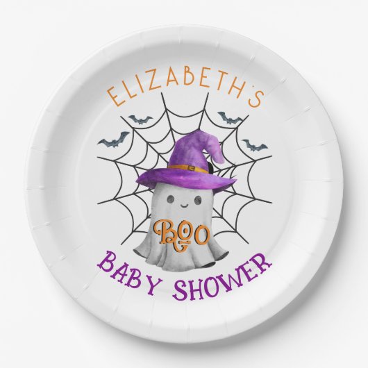 かわいい小さな幽霊とクモの巣BOOベビーシャワー ペーパープレート (正面)