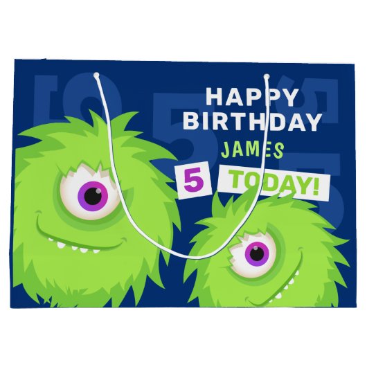 かわいい小さな怪物、青と緑 ラージペーパーバッグ (裏面)