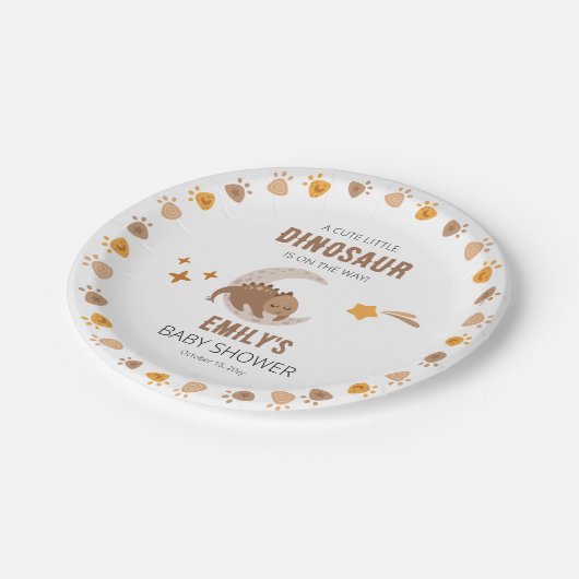 かわいい小さな恐竜が赤ちゃんのシャワーを途中にある ペーパープレート (アングル)