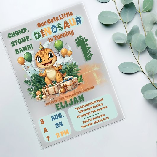 かわいい小さな恐竜の少年1st誕生日パーティー アクリル招待状