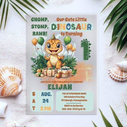 かわいい小さな恐竜の少年1st誕生日パーティー アクリル招待状