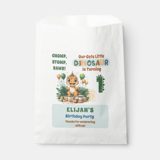 かわいい小さな恐竜の少年1st誕生日パーティー フェイバーバッグ (正面)