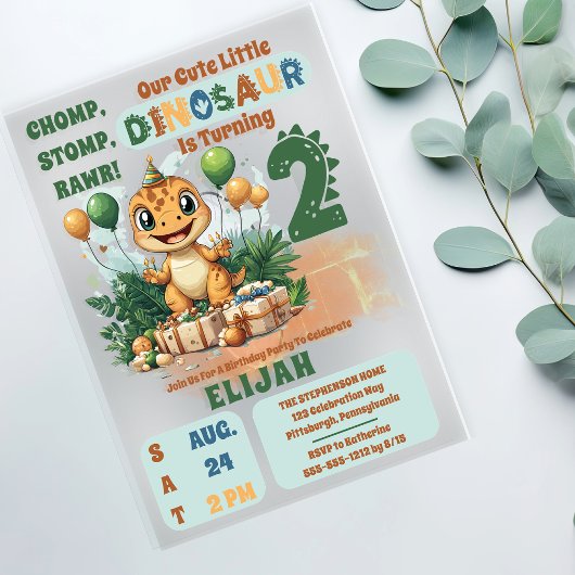かわいい小さな恐竜の男の子2nd誕生日パーティー アクリル招待状