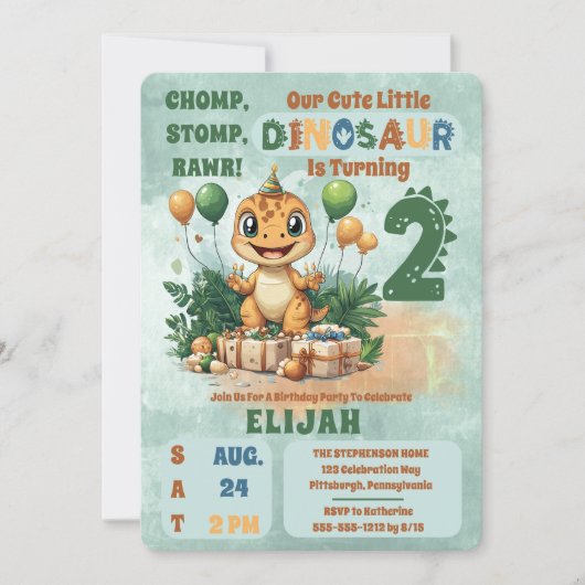かわいい小さな恐竜の男の子2nd誕生日パーティー 招待状 (正面)
