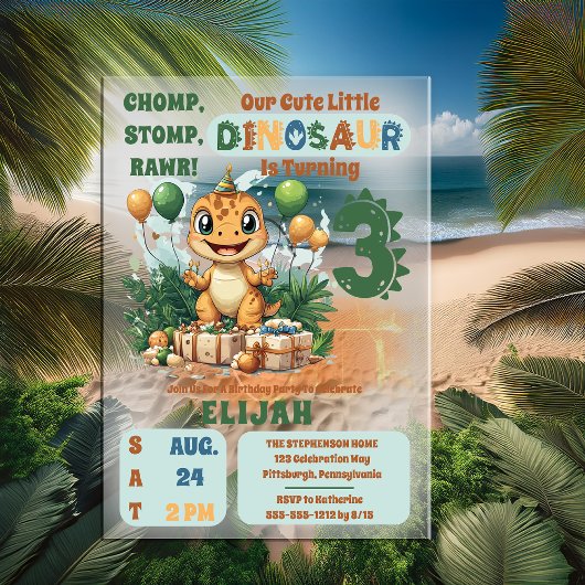 かわいい小さな恐竜の男の子3歳の誕生日パーティー アクリル招待状