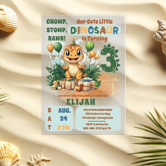 かわいい小さな恐竜の男の子3歳の誕生日パーティー アクリル招待状