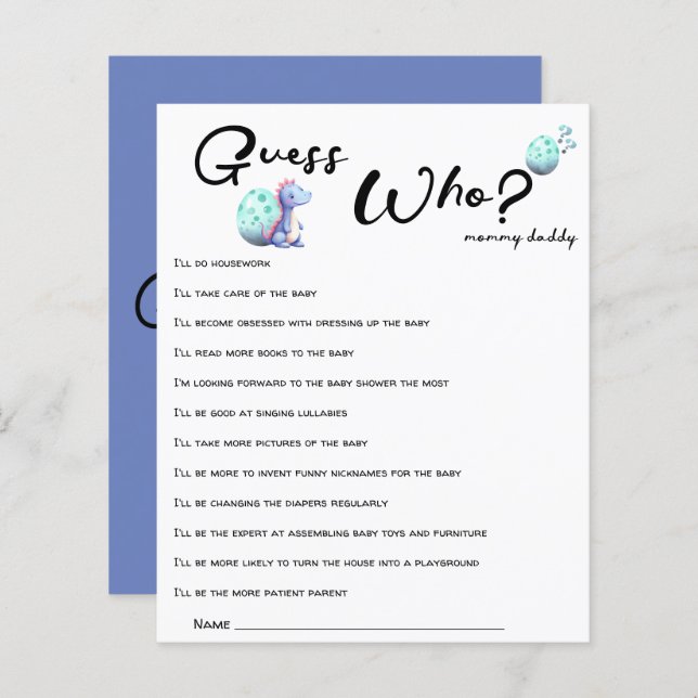 かわいい小さな恐竜の赤ちゃんシャワー誰がゲーム (正面/裏面)