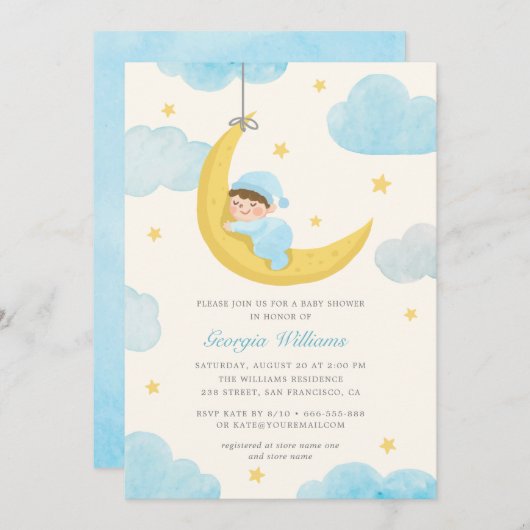 かわいい小さな星の月の水の色ベビーシャワー 招待状 (正面/裏面)
