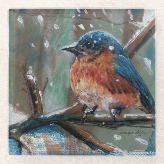 かわいい小さな東ブルーバードソングバード ガラスコースター (正面)