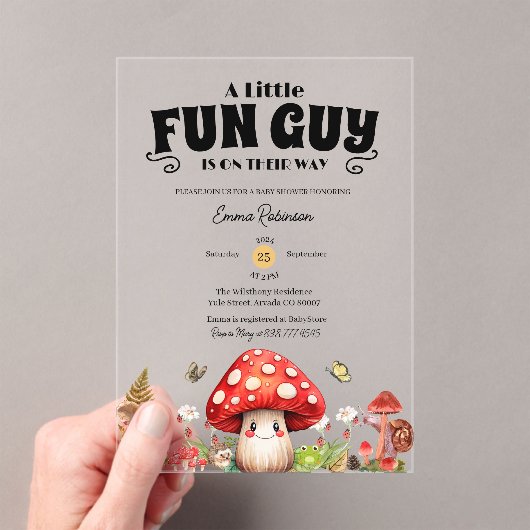 かわいい小さな楽しい男の秋カタツムリキノコ赤ちゃんシャワー アクリル招待状 (インサイチュ (ポータブル))