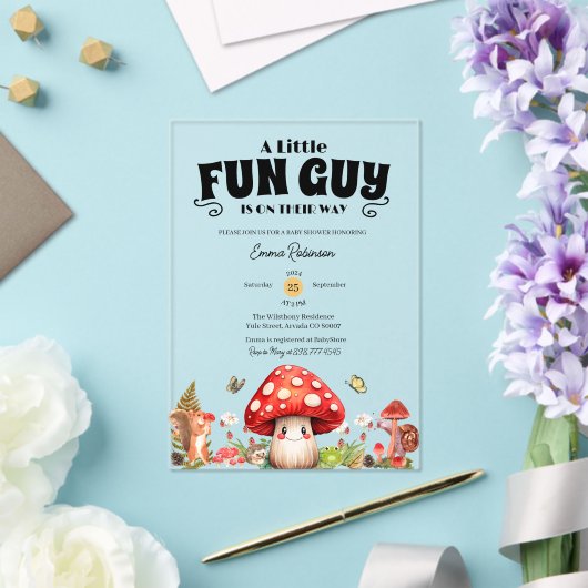 かわいい小さな楽しい男の秋カタツムリキノコ赤ちゃんシャワー アクリル招待状 (インサイチュ (ウェディング))