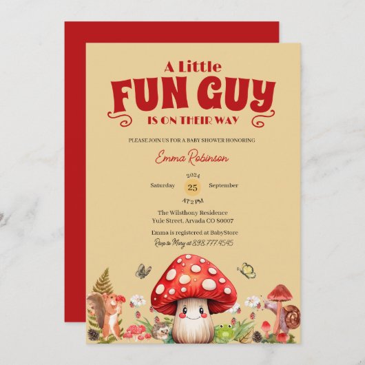かわいい小さな楽しい男秋カタツムリキノコ赤ちゃんシャワー 招待状 (正面/裏面)
