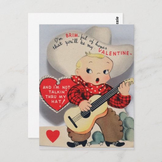 かわいい小さな歌うカウボーイヴィンテージバレンタイン ポストカード (正面/裏面)