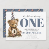 かわいい小さな水の色のクマのターン一つの誕生日 招待状 (正面/裏面)