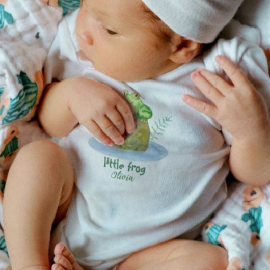 かわいい小さな水色のカエルパーソナライズされた ベビーボディスーツ