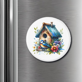 かわいい小さな水色の鳥小屋と鳥 マグネット