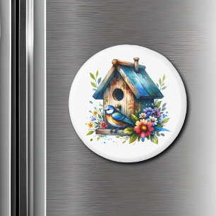 かわいい小さな水色の鳥小屋と鳥 マグネット