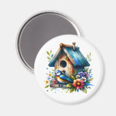 かわいい小さな水色の鳥小屋と鳥 マグネット (正面/裏面)