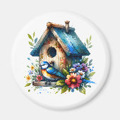 かわいい小さな水色の鳥小屋と鳥 マグネット (正面)