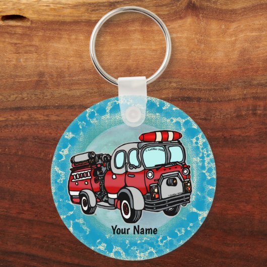 かわいい小さな消防車の消防士のキーホルダー キーホルダー (正面)