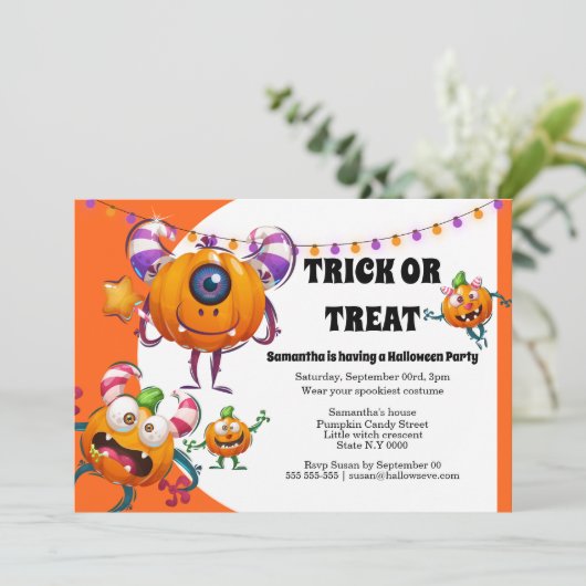 かわいい小さな漫画のモンスターズの子供のハローウィンパーティ 招待状 (スタンド正面)