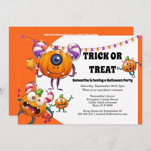 かわいい小さな漫画のモンスターズの子供のハローウィンパーティ 招待状 (正面/裏面)