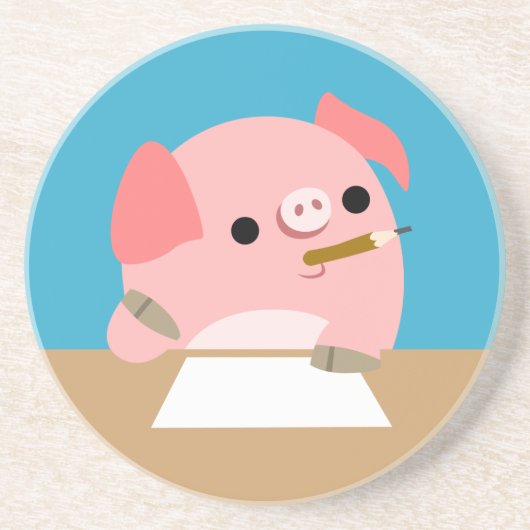 かわいい小さな漫画の豚"作家のブロック"コースター コースター (正面)