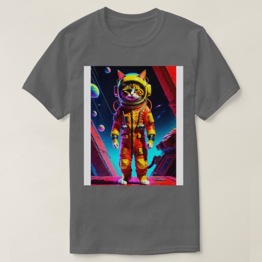 かわいい小さな猫が立つ宇宙 Tシャツ (デザイン正面)