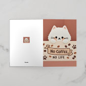 かわいい小さな猫の手のプリントとコーヒー豆 箔グリーティングカード (外側レイダウン)