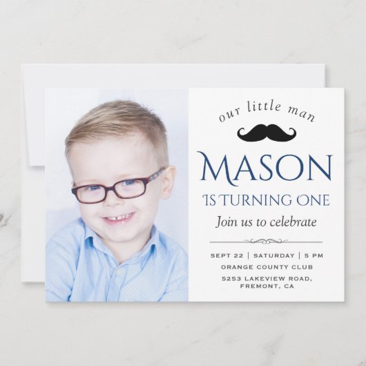 かわいい小さな男の口ひげ最初の誕生日パーティー 招待状 (正面)