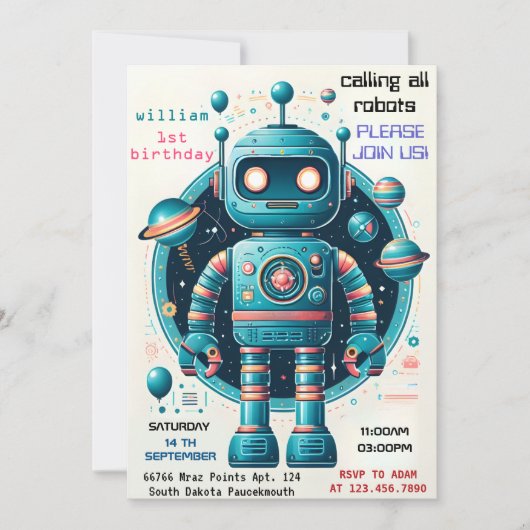 かわいい小さな男の子おもしろいロボット最初の誕生日 招待状 (正面)