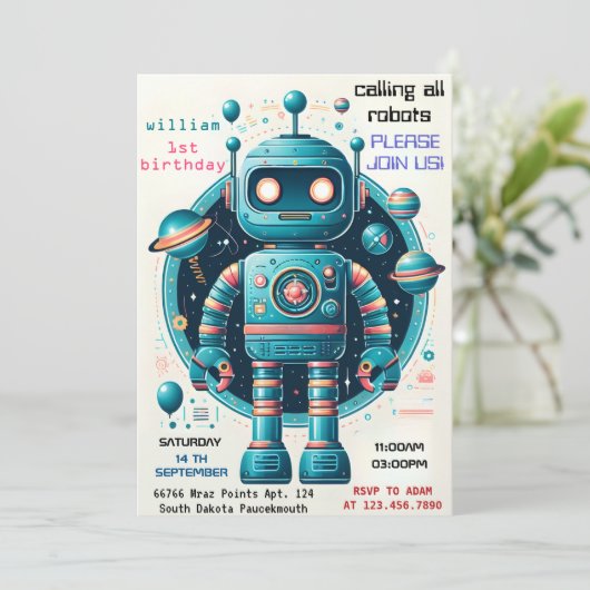かわいい小さな男の子おもしろいロボット最初の誕生日 招待状 (スタンド正面)