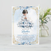 かわいい小さな男の子ジュエリー白い服バプテスマ 招待状 (スタンド正面)