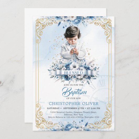 かわいい小さな男の子ジュエリー白い服バプテスマ 招待状 (正面/裏面)
