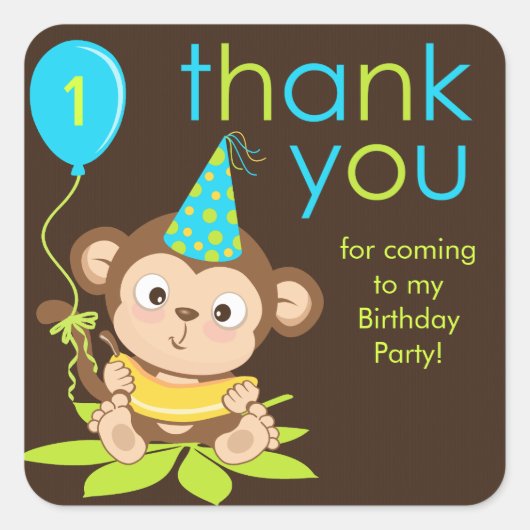 かわいい小さな男の子モンキーサンキューステッカー スクエアシール (正面)